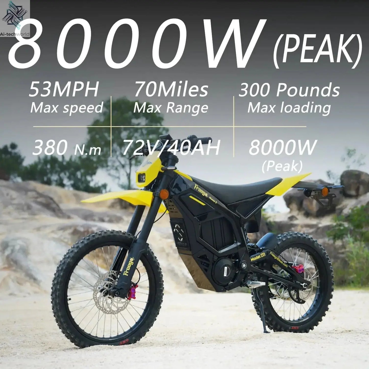 NEW Electric Dirt Bike Mid-Drive Motor 72V/40AH/8000W(Peak) 53MPH Electric Motorcycle Bike 380N.m Fast Charging Off-Road Bike Ai-TechWorld 