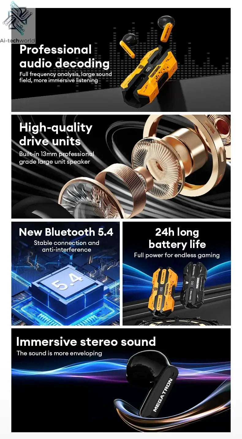 NEW TRANSFORMERS TF-T51 Bluetooth Wireless Earphones Low Latency Gaming Earbuds Long Endurance High Music Headphones Ai-TechWorld 