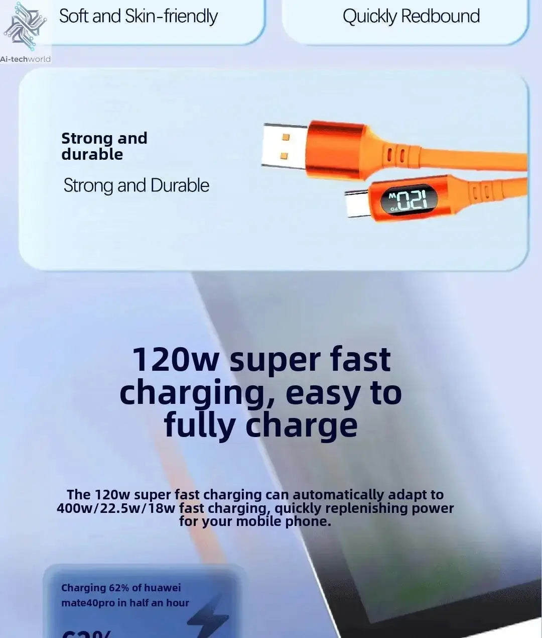 NNBILI 6A USBC To Type C Fast charging 120W USB Type C LED digital display Cable For Samsung HUAWEI Xiaomi Oppo vivo charge Cord Ai-TechWorld 