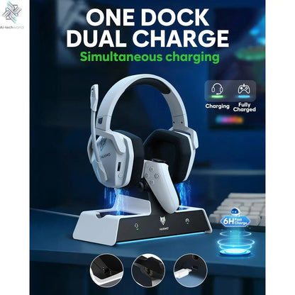NUBWO G06 Wireless Headsets Gamer with Charging Station for Headset and PS5 Controller Gaming Headphones Long Battery Life Ai-TechWorld 
