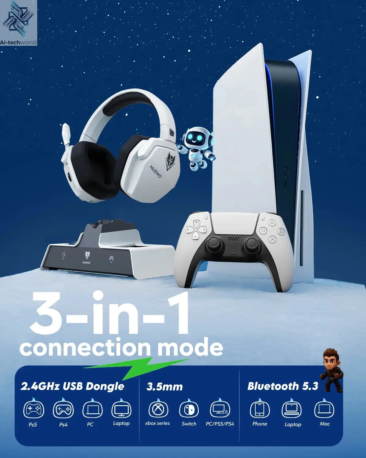 NUBWO G06 Wireless Headsets Gamer with Charging Station for Headset and PS5 Controller Gaming Headphones Long Battery Life Ai-TechWorld 