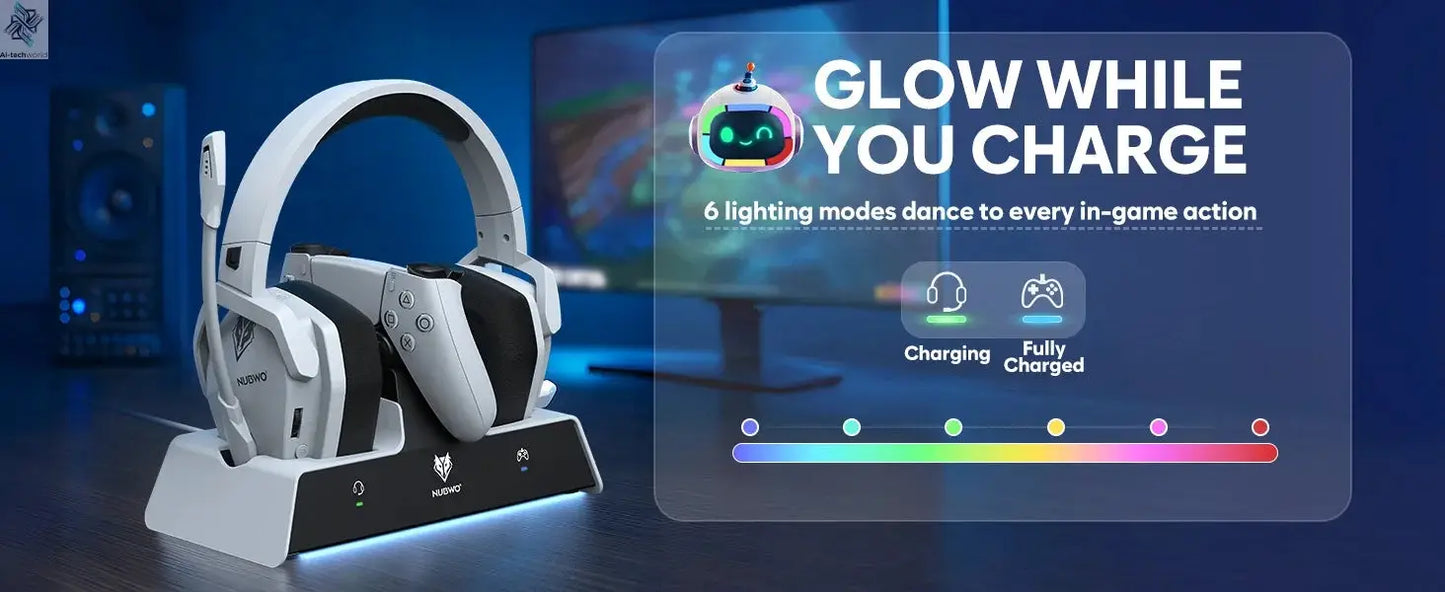 NUBWO G06 Wireless Headsets Gamer with Charging Station for Headset and PS5 Controller Gaming Headphones Long Battery Life Ai-TechWorld 