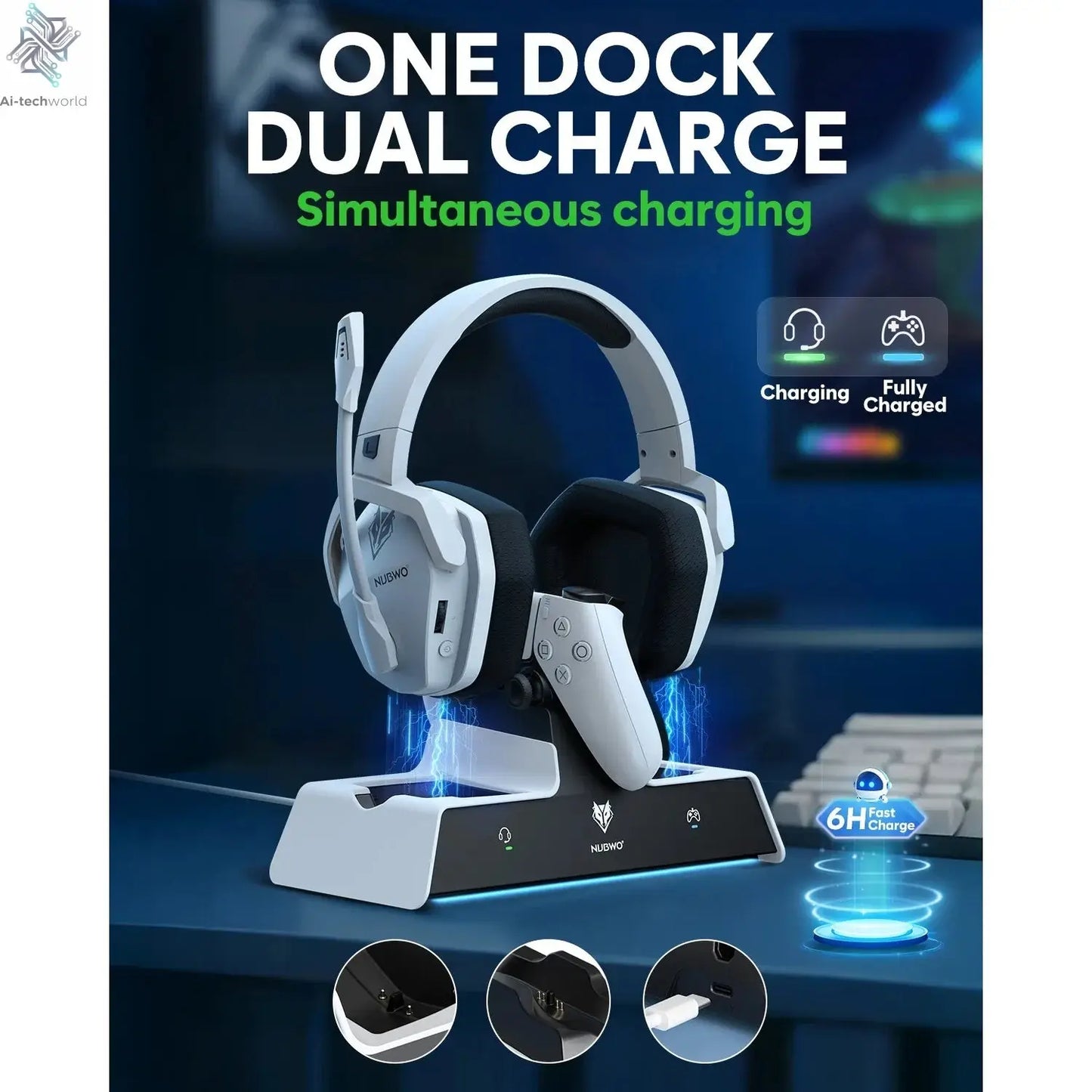 NUBWO G06 Wireless Headsets Gamer with Charging Station for Headset and PS5 Controller Gaming Headphones Long Battery Life Ai-TechWorld 