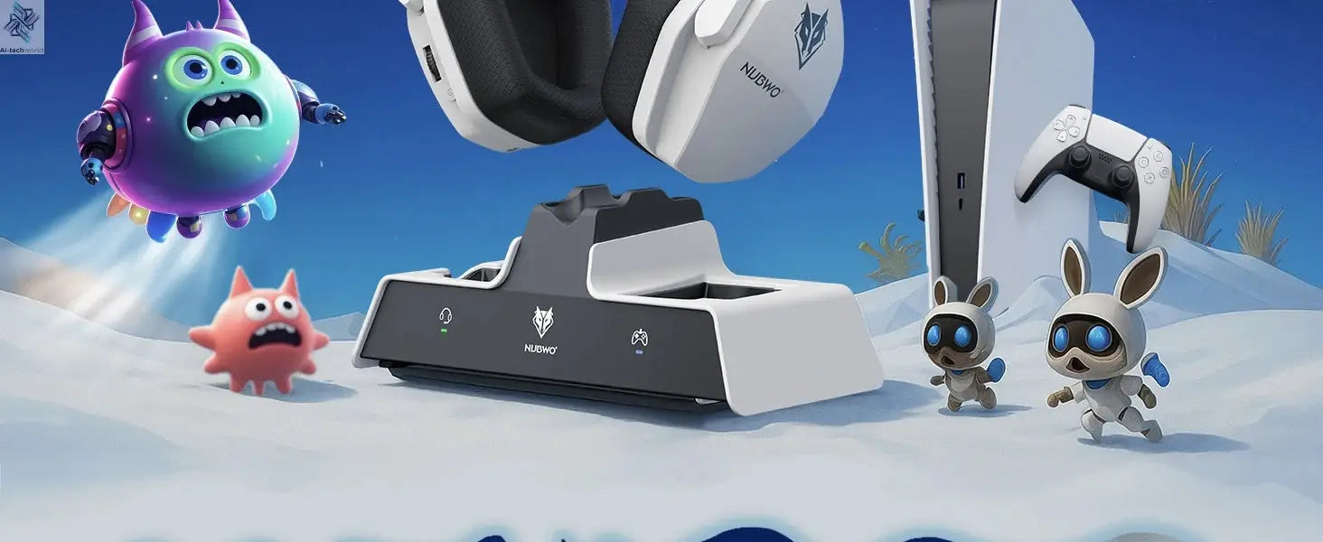 NUBWO G06 Wireless Headsets Gamer with Charging Station for Headset and PS5 Controller Gaming Headphones Long Battery Life Ai-TechWorld 
