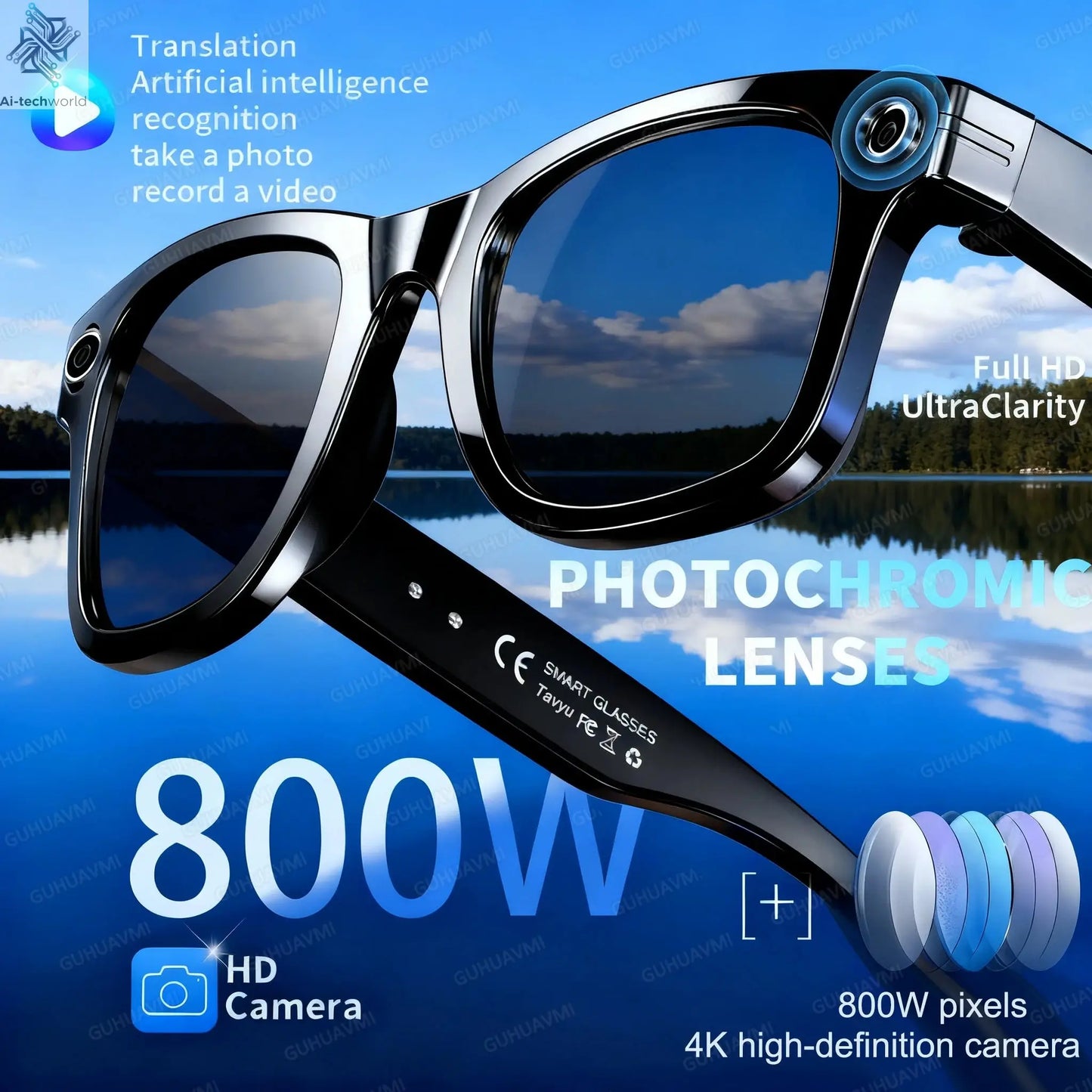 New 8 Million Pixels Camera Smart Glasses Recording Videos AI Photo Recognition Answer Translation Waterproof Blue light Glasses Ai-TechWorld 