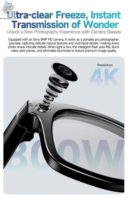New 8 Million Pixels Camera Smart Glasses Recording Videos AI Photo Recognition Answer Translation Waterproof Blue light Glasses Ai-TechWorld 
