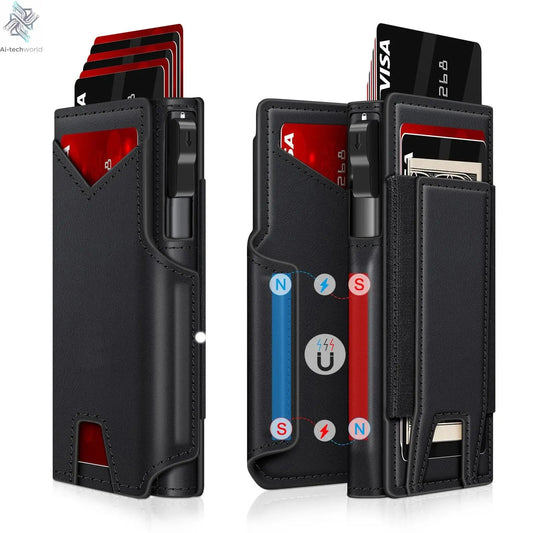 New Black Leather Wallet for Men Slim Bifold RFID Blocking Wallet with Pop-Up Metal Card Holder & Card Sleeves POP UP Wallet - Ai-TechWorld