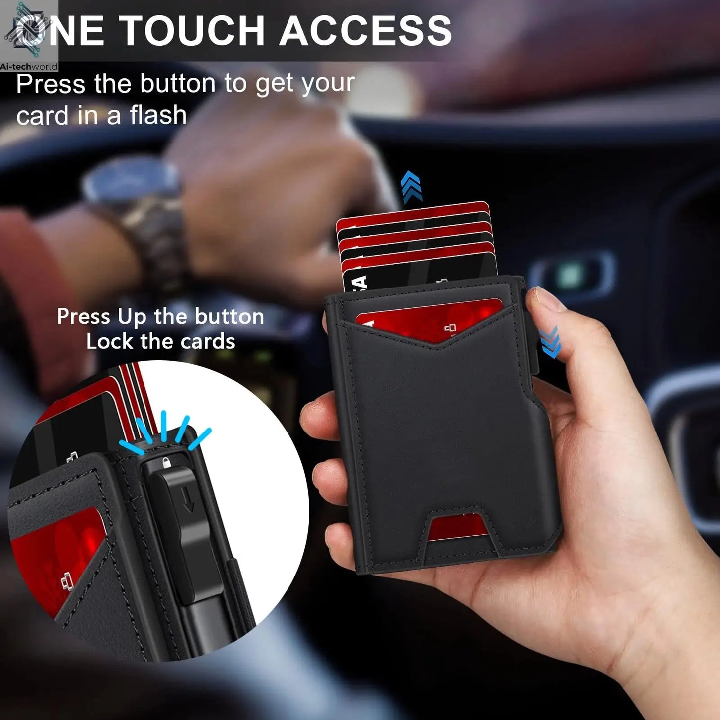 New Black Leather Wallet for Men Slim Bifold RFID Blocking Wallet with Pop-Up Metal Card Holder & Card Sleeves POP UP Wallet - Ai-TechWorld