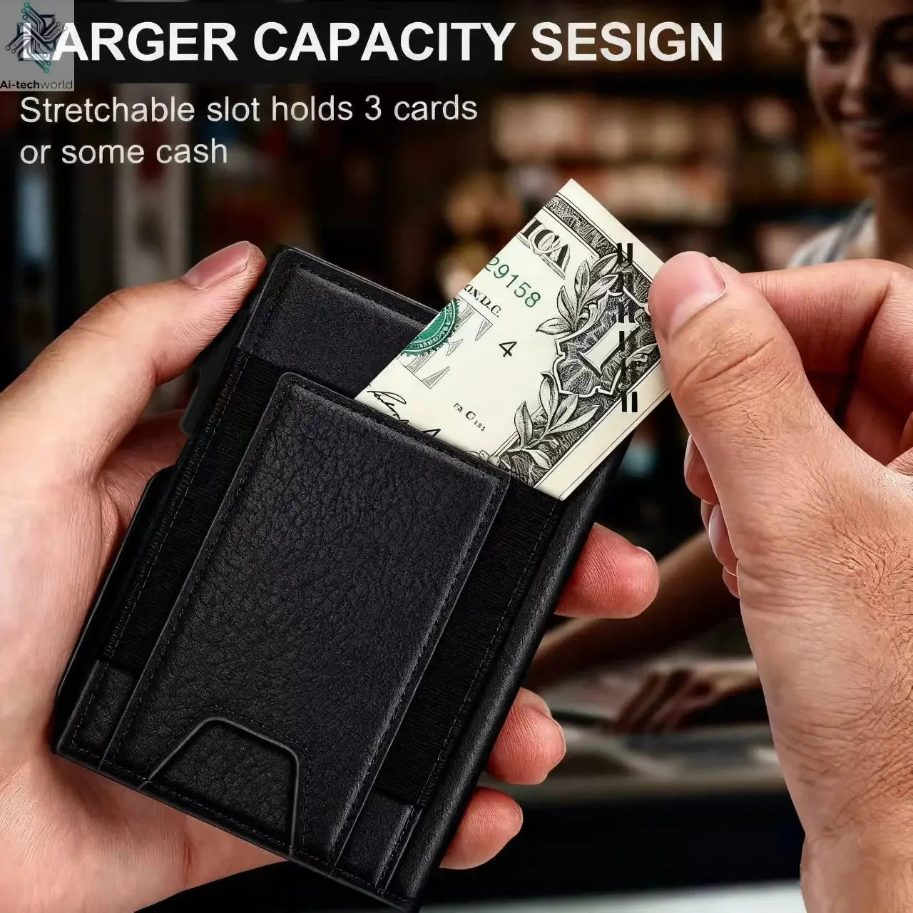 New Black Leather Wallet for Men Slim Bifold RFID Blocking Wallet with Pop-Up Metal Card Holder & Card Sleeves POP UP Wallet - Ai-TechWorld