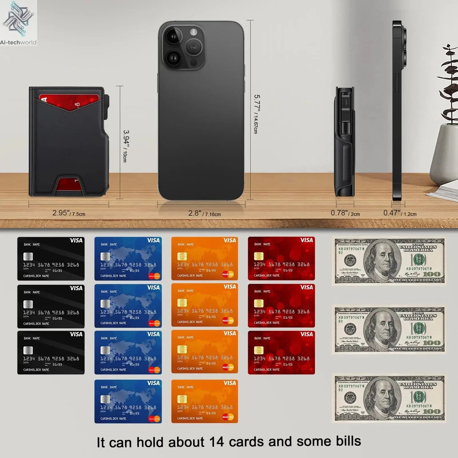 New Black Leather Wallet for Men Slim Bifold RFID Blocking Wallet with Pop-Up Metal Card Holder & Card Sleeves POP UP Wallet - Ai-TechWorld