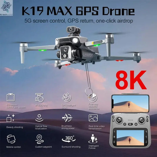 New K19 MAX GPS Drone Professional 8K Camera Aerial FPV Brush Avoiding Obstacle with Large Screen Remote Control Folding Drone Ai-TechWorld 