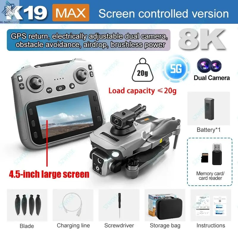 New K19 MAX GPS Drone Professional 8K Camera Aerial FPV Brush Avoiding Obstacle with Large Screen Remote Control Folding Drone Ai-TechWorld 