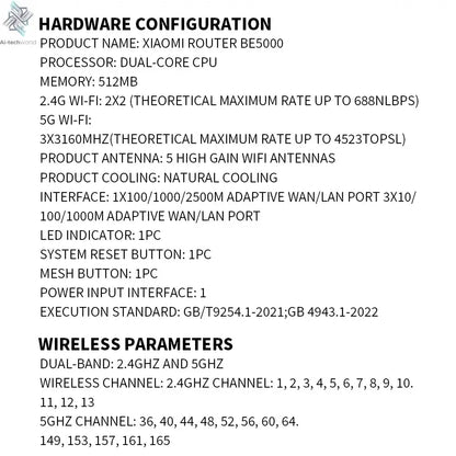 New XIAOMI Router BE5000 WiFi 7 5011Mbps 2.5GHz Network Port 512MB Memory Dual Broadband Access Network Security Protection CN - Ai - TechWorld