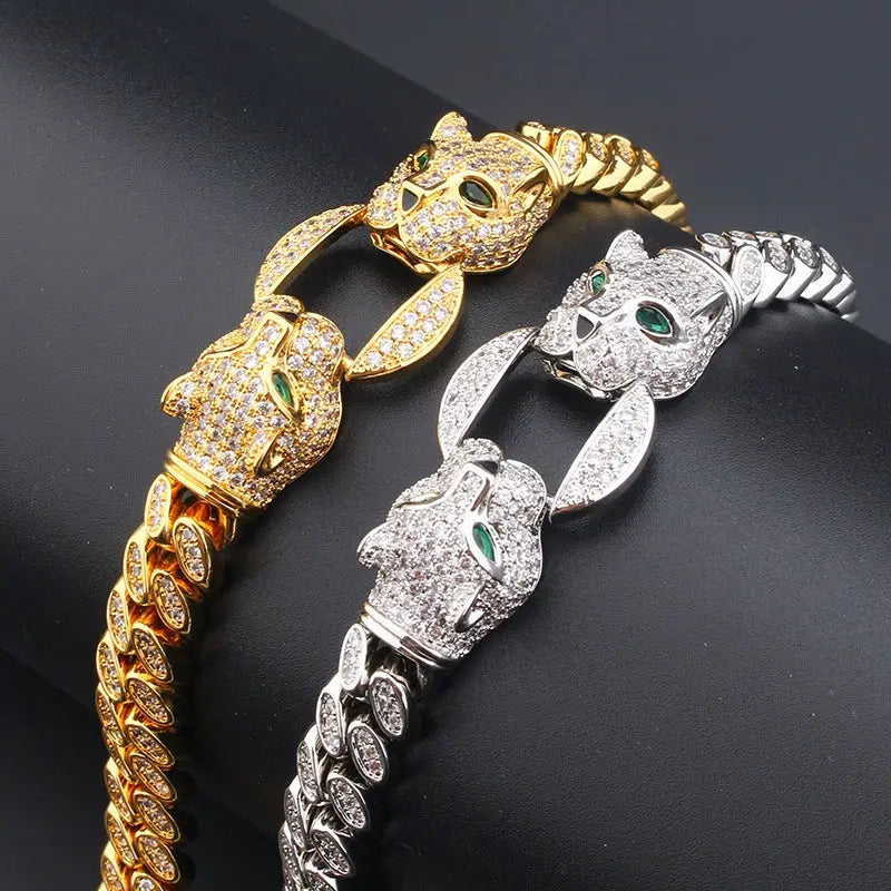 Double Leopard Head Bracelet Men White Gold Color Ponytail Woven Rhinestone-Encrusted Jewelry Stylish Fashion European and American Style Domineering Ai-TechWorld 