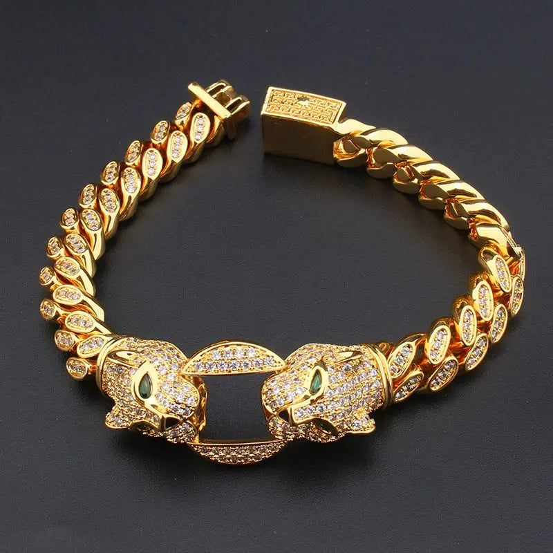 Double Leopard Head Bracelet Men White Gold Color Ponytail Woven Rhinestone-Encrusted Jewelry Stylish Fashion European and American Style Domineering Ai-TechWorld 