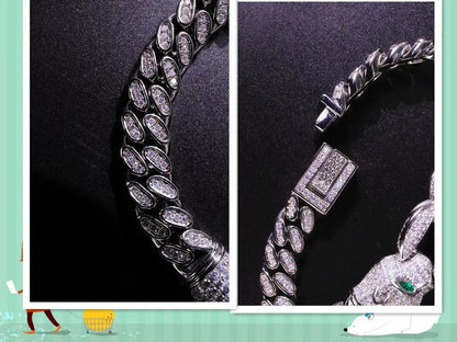 Double Leopard Head Bracelet Men White Gold Color Ponytail Woven Rhinestone-Encrusted Jewelry Stylish Fashion European and American Style Domineering Ai-TechWorld 