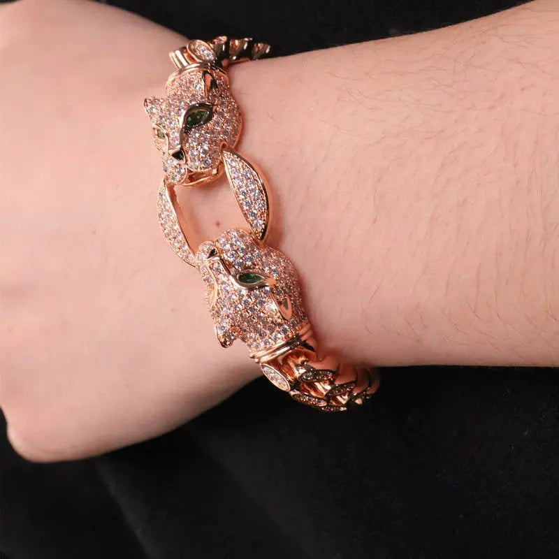 Double Leopard Head Bracelet Men White Gold Color Ponytail Woven Rhinestone-Encrusted Jewelry Stylish Fashion European and American Style Domineering Ai-TechWorld 
