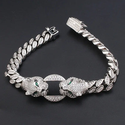 Double Leopard Head Bracelet Men White Gold Color Ponytail Woven Rhinestone-Encrusted Jewelry Stylish Fashion European and American Style Domineering Ai-TechWorld 