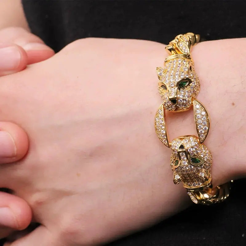 Double Leopard Head Bracelet Men White Gold Color Ponytail Woven Rhinestone-Encrusted Jewelry Stylish Fashion European and American Style Domineering Ai-TechWorld 