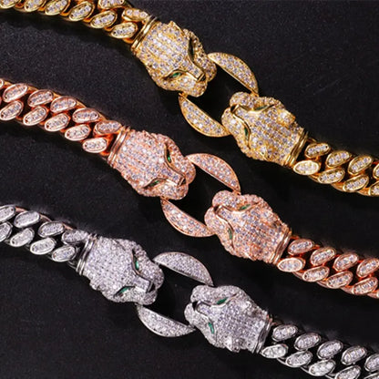 Double Leopard Head Bracelet Men White Gold Color Ponytail Woven Rhinestone-Encrusted Jewelry Stylish Fashion European and American Style Domineering Ai-TechWorld 