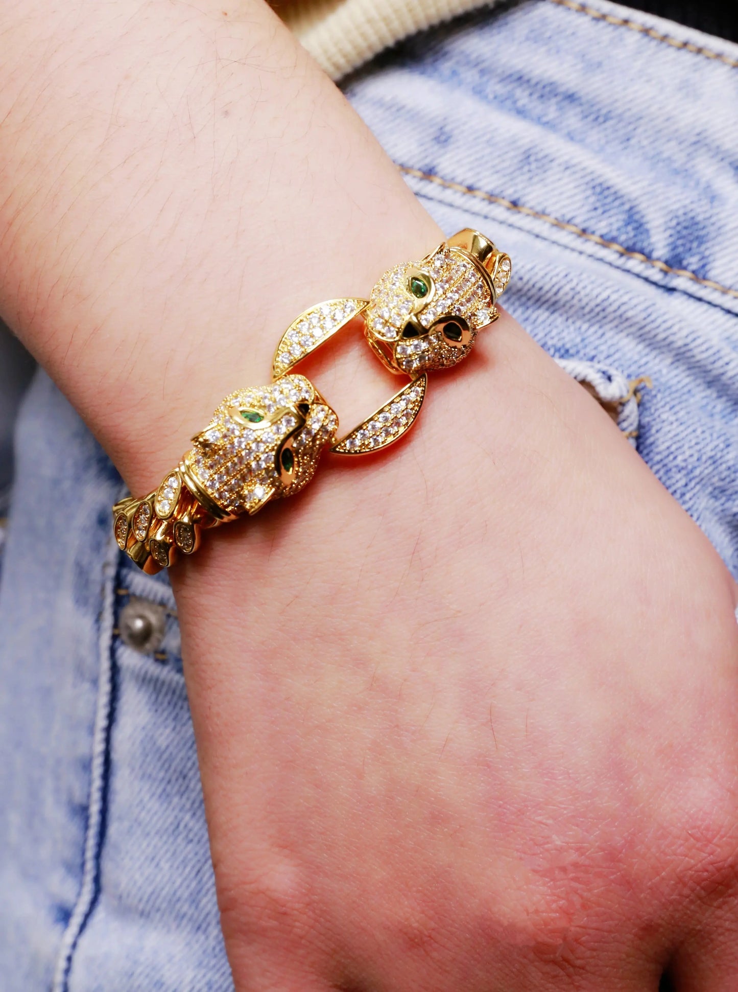 Double Leopard Head Bracelet Men White Gold Color Ponytail Woven Rhinestone-Encrusted Jewelry Stylish Fashion European and American Style Domineering Ai-TechWorld 