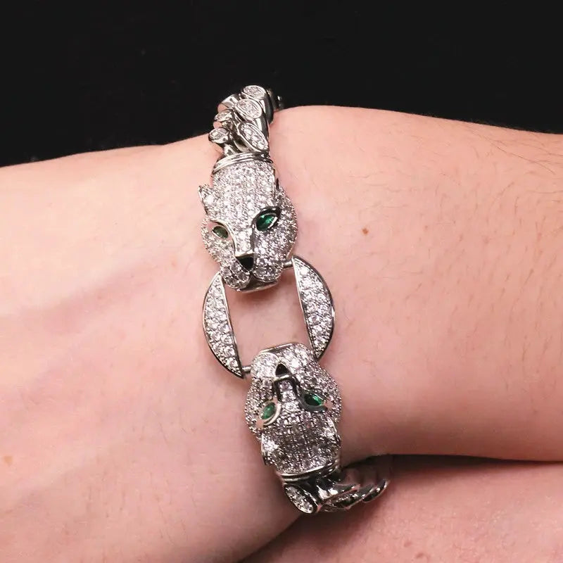 Double Leopard Head Bracelet Men White Gold Color Ponytail Woven Rhinestone-Encrusted Jewelry Stylish Fashion European and American Style Domineering Ai-TechWorld 