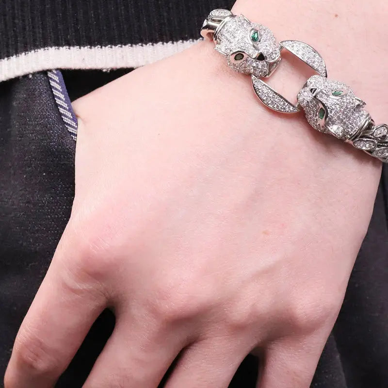 Double Leopard Head Bracelet Men White Gold Color Ponytail Woven Rhinestone-Encrusted Jewelry Stylish Fashion European and American Style Domineering Ai-TechWorld 