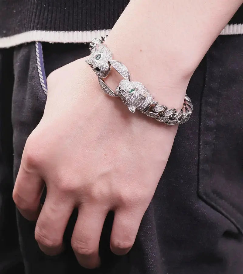 Double Leopard Head Bracelet Men White Gold Color Ponytail Woven Rhinestone-Encrusted Jewelry Stylish Fashion European and American Style Domineering Ai-TechWorld 