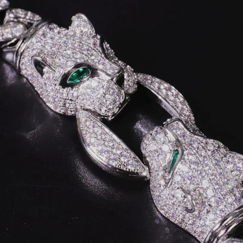 Double Leopard Head Bracelet Men White Gold Color Ponytail Woven Rhinestone-Encrusted Jewelry Stylish Fashion European and American Style Domineering Ai-TechWorld 