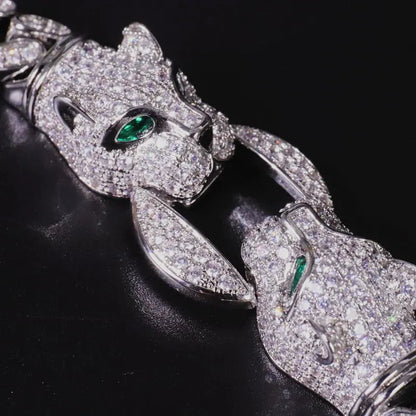 Double Leopard Head Bracelet Men White Gold Color Ponytail Woven Rhinestone-Encrusted Jewelry Stylish Fashion European and American Style Domineering Ai-TechWorld 
