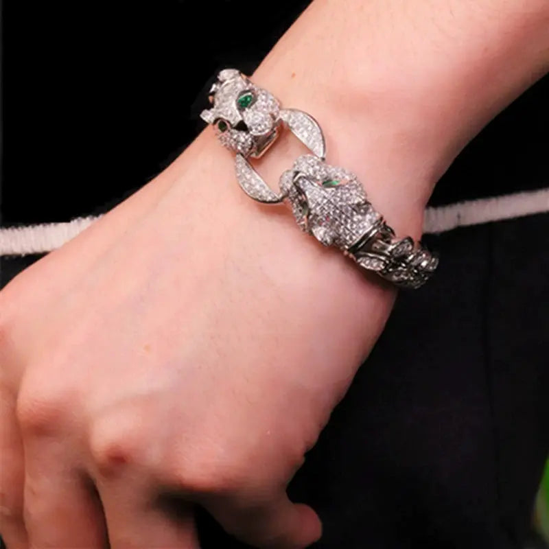 Double Leopard Head Bracelet Men White Gold Color Ponytail Woven Rhinestone-Encrusted Jewelry Stylish Fashion European and American Style Domineering Ai-TechWorld 