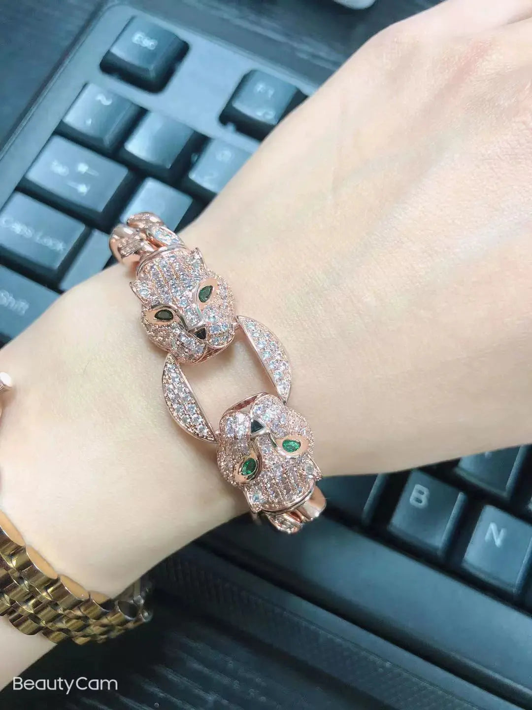 Double Leopard Head Bracelet Men White Gold Color Ponytail Woven Rhinestone-Encrusted Jewelry Stylish Fashion European and American Style Domineering Ai-TechWorld 