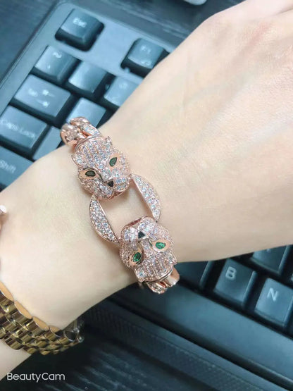 Double Leopard Head Bracelet Men White Gold Color Ponytail Woven Rhinestone-Encrusted Jewelry Stylish Fashion European and American Style Domineering Ai-TechWorld 