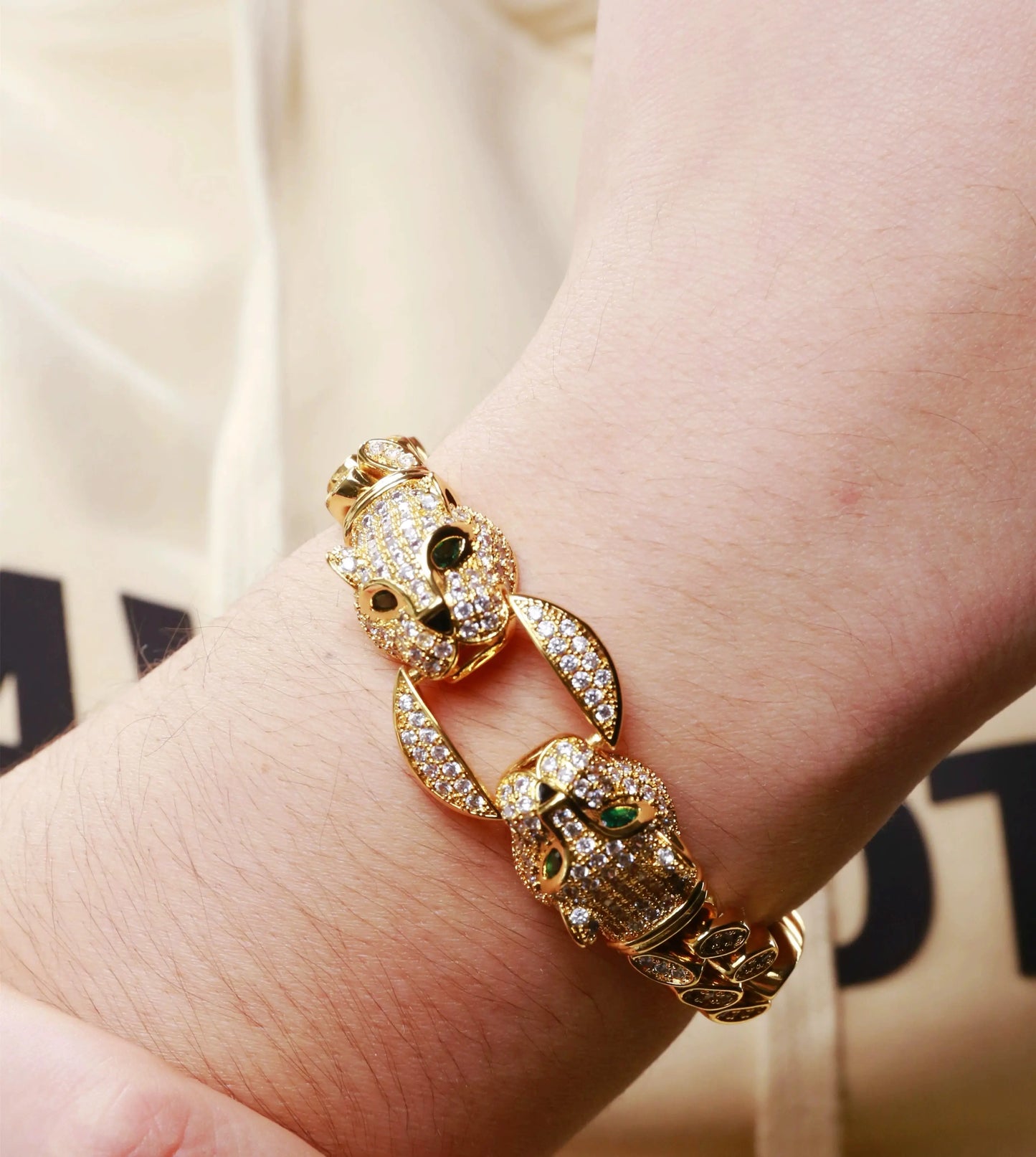 Double Leopard Head Bracelet Men White Gold Color Ponytail Woven Rhinestone-Encrusted Jewelry Stylish Fashion European and American Style Domineering Ai-TechWorld 