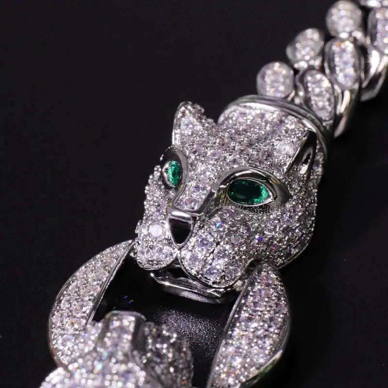 Double Leopard Head Bracelet Men White Gold Color Ponytail Woven Rhinestone-Encrusted Jewelry Stylish Fashion European and American Style Domineering Ai-TechWorld 