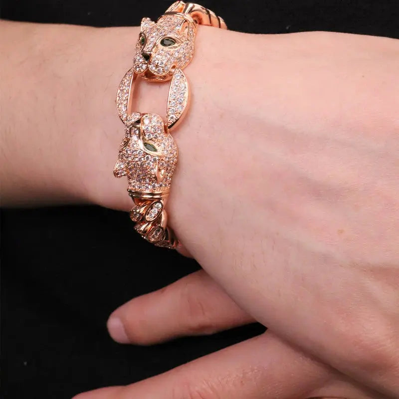 Double Leopard Head Bracelet Men White Gold Color Ponytail Woven Rhinestone-Encrusted Jewelry Stylish Fashion European and American Style Domineering Ai-TechWorld 