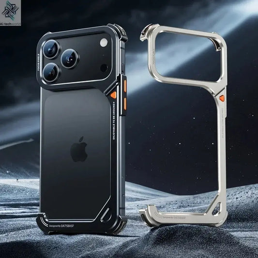 Oatsbasf 9-Shaped Metal Frameless Phone Case for iPhone 17 Pro Max/17 Pro with Stand Magsafe Minimalist Bumper Shockproof Cover Ai-TechWorld 