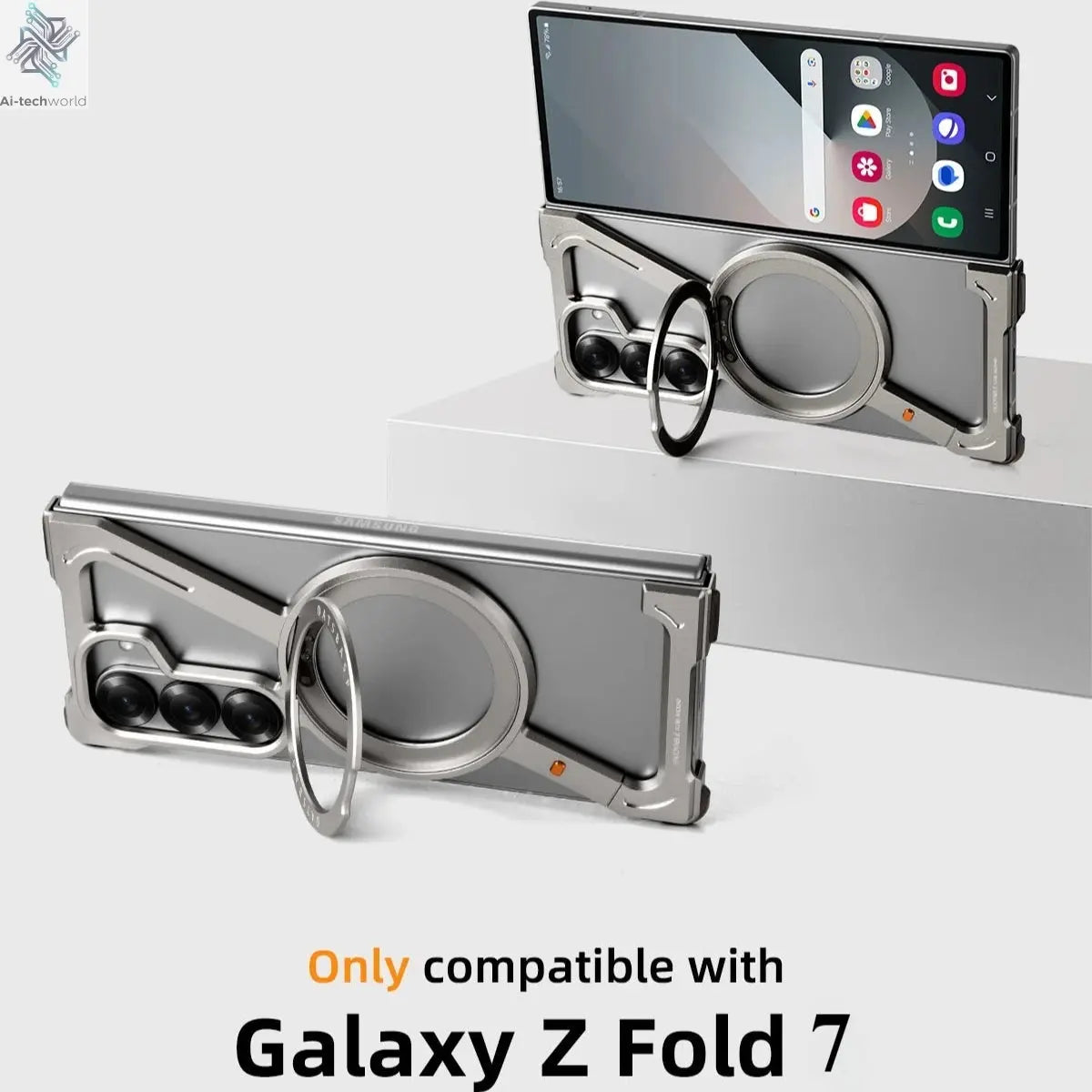 Oatsbasf Aluminium Z Case for Samsung Galaxy Z Fold 7 w/ 360°Rotating Magnetic Stand Frameless Phone Cover Shockproof Bumper Ai-TechWorld 
