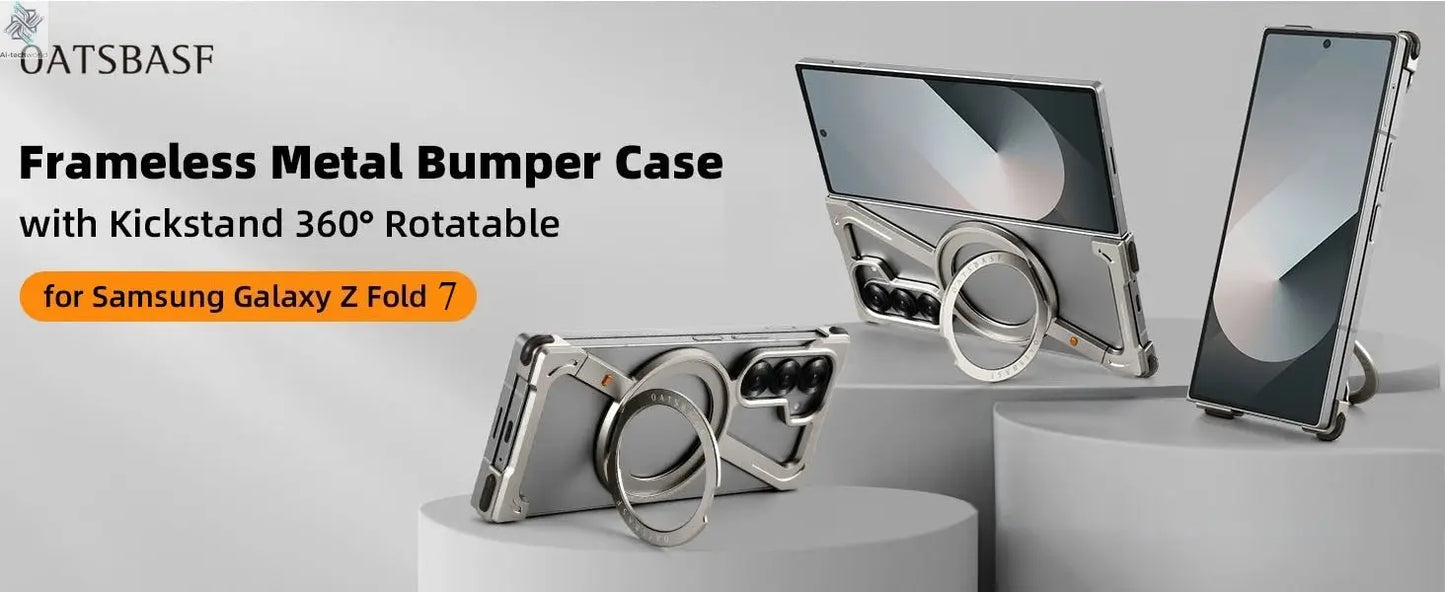 Oatsbasf Aluminium Z Case for Samsung Galaxy Z Fold 7 w/ 360°Rotating Magnetic Stand Frameless Phone Cover Shockproof Bumper Ai-TechWorld 