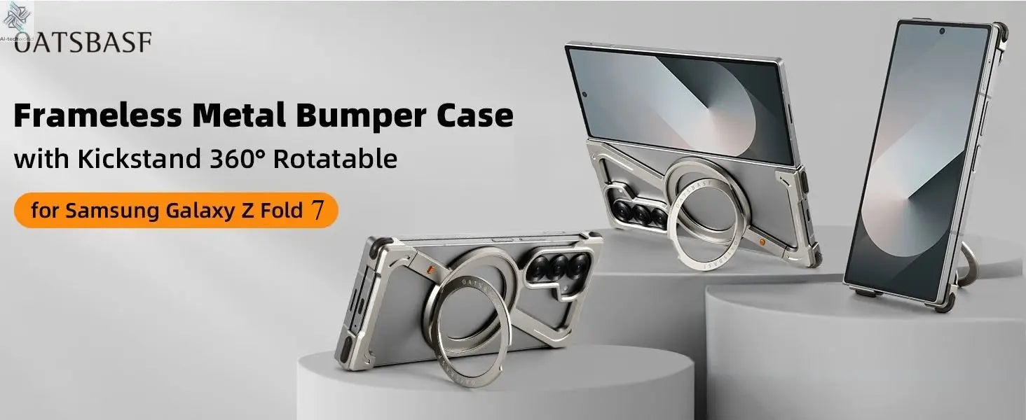 Oatsbasf Aluminium Z Case for Samsung Galaxy Z Fold 7 w/ 360°Rotating Magnetic Stand Frameless Phone Cover Shockproof Bumper Ai-TechWorld 