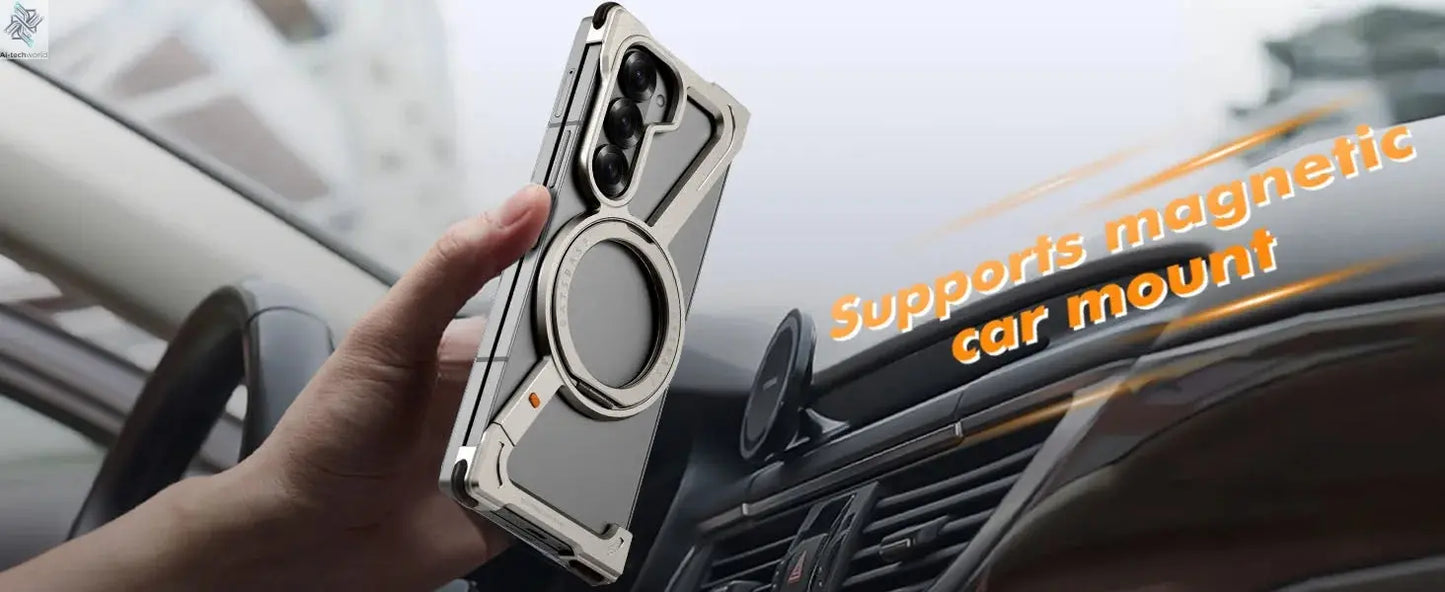 Oatsbasf Aluminium Z Case for Samsung Galaxy Z Fold 7 w/ 360°Rotating Magnetic Stand Frameless Phone Cover Shockproof Bumper Ai-TechWorld 