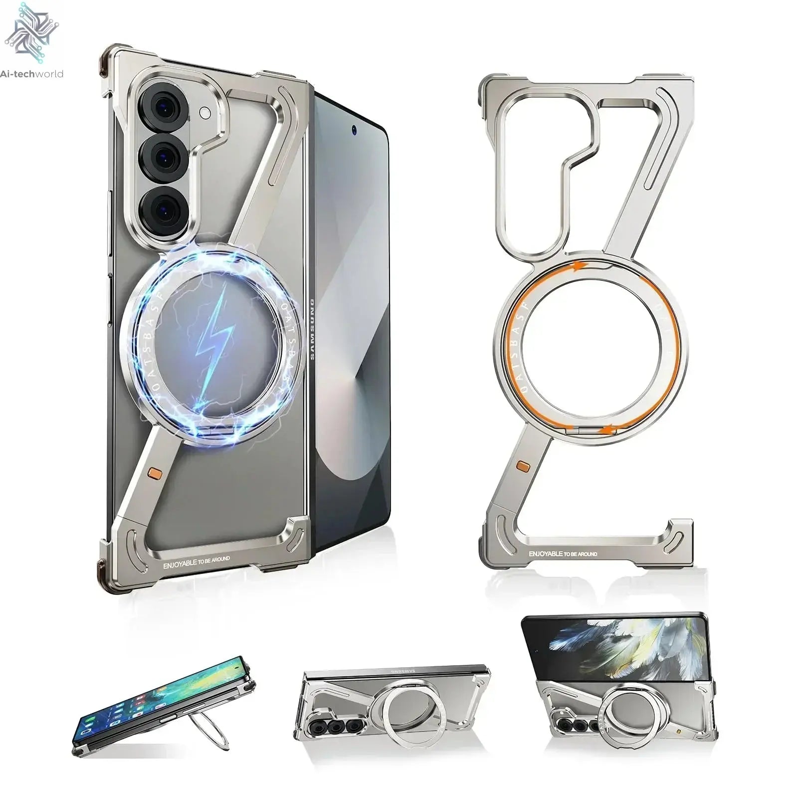 Oatsbasf Aluminium Z Case for Samsung Galaxy Z Fold 7 w/ 360°Rotating Magnetic Stand Frameless Phone Cover Shockproof Bumper Ai-TechWorld 