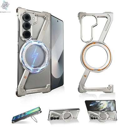 Oatsbasf Aluminium Z Case for Samsung Galaxy Z Fold 7 w/ 360°Rotating Magnetic Stand Frameless Phone Cover Shockproof Bumper Ai-TechWorld 