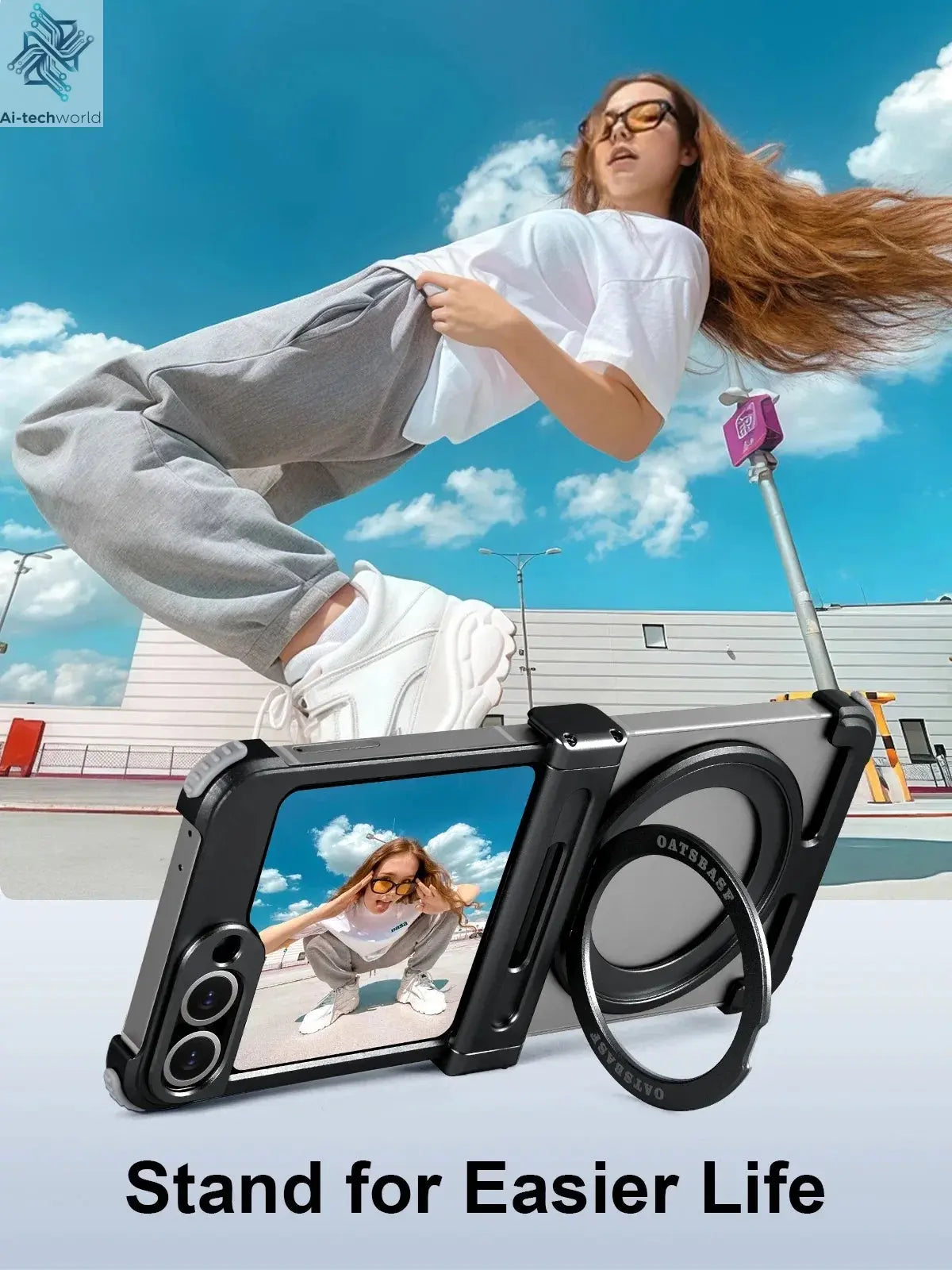 Oatsbasf Metal Frameless Phone Case for Samsung Galaxy Z Flip 7/6 with 360°Rotation Ring Stand Bumper Protective Z Flip 7 6 Case Ai-TechWorld 