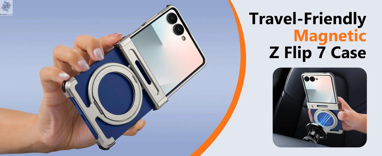 Oatsbasf Metal Frameless Phone Case for Samsung Galaxy Z Flip 7/6 with 360°Rotation Ring Stand Bumper Protective Z Flip 7 6 Case Ai-TechWorld 