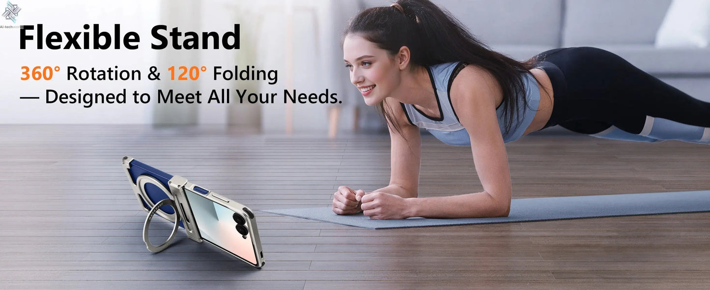 Oatsbasf Metal Frameless Phone Case for Samsung Galaxy Z Flip 7/6 with 360°Rotation Ring Stand Bumper Protective Z Flip 7 6 Case Ai-TechWorld 