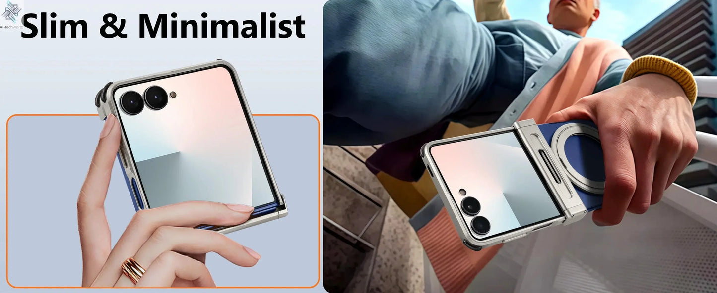 Oatsbasf Metal Frameless Phone Case for Samsung Galaxy Z Flip 7/6 with 360°Rotation Ring Stand Bumper Protective Z Flip 7 6 Case Ai-TechWorld 