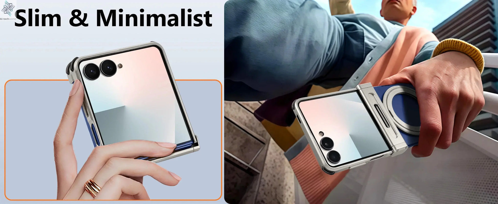 Oatsbasf Metal Frameless Phone Case for Samsung Galaxy Z Flip 7/6 with 360°Rotation Ring Stand Bumper Protective Z Flip 7 6 Case Ai-TechWorld 