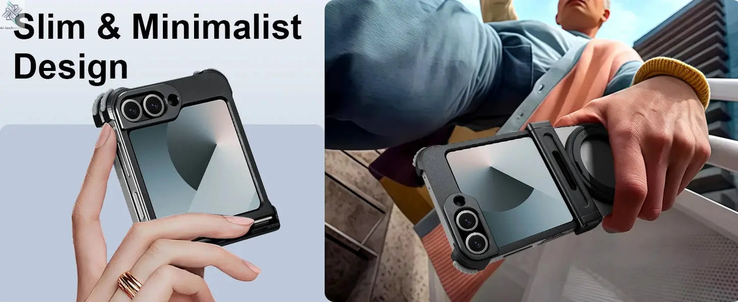 Oatsbasf Metal Frameless Phone Case for Samsung Galaxy Z Flip 7/6 with 360°Rotation Ring Stand Bumper Protective Z Flip 7 6 Case Ai-TechWorld 