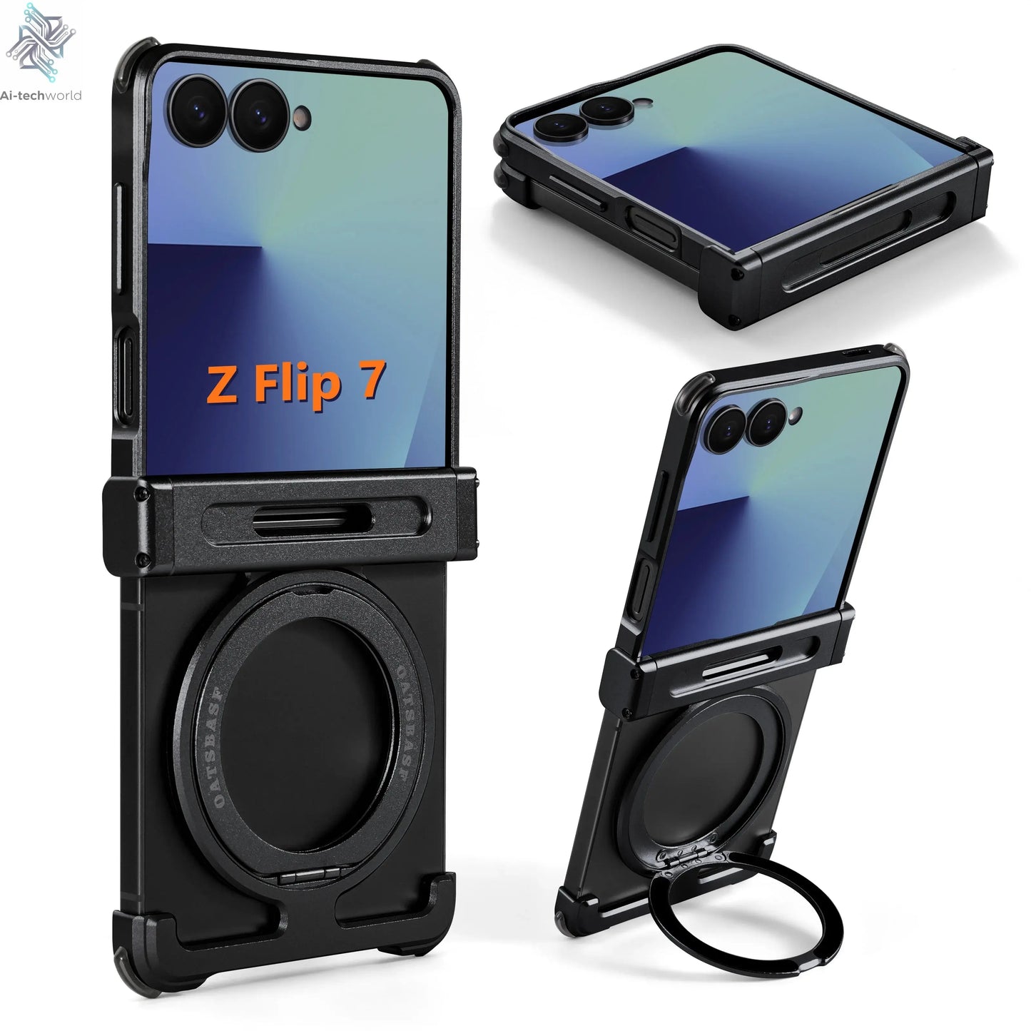 Oatsbasf Metal Frameless Phone Case for Samsung Galaxy Z Flip 7/6 with 360°Rotation Ring Stand Bumper Protective Z Flip 7 6 Case Ai-TechWorld 